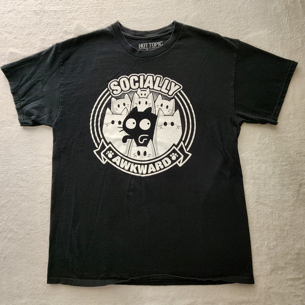 Socially Awkward Cat T-Shirt Mens Large Black Graphic Tee Introvert Kitty Shirt